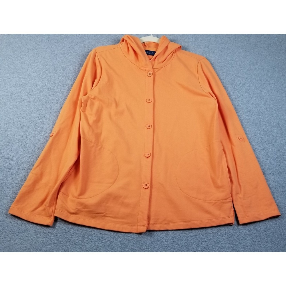 D&Co Beach Hoodie Jacket Womens XS Orange Button Up Long Sleeve Pockets Stretch